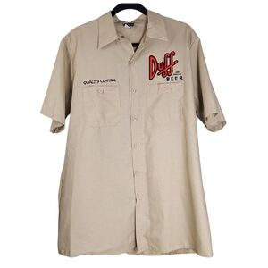The Simpsons Universal Studios Homer Duff Beer Button Up Workwear Khaki Shirt L